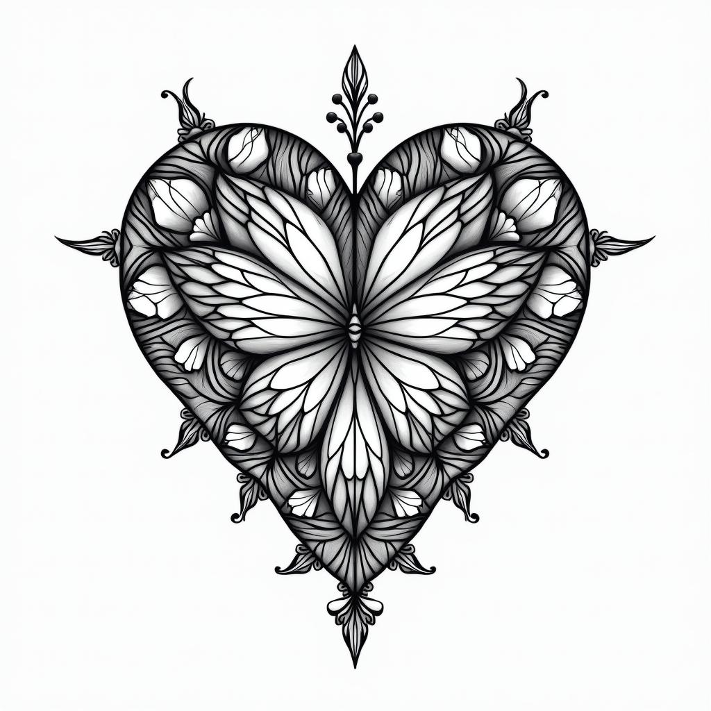 Flowers butterflies hearts in geometric style tattoo, blending hexagons, mandala-inspired patterns, symmetrical and fractal design, clean lines, sharp angles - Variation 7
