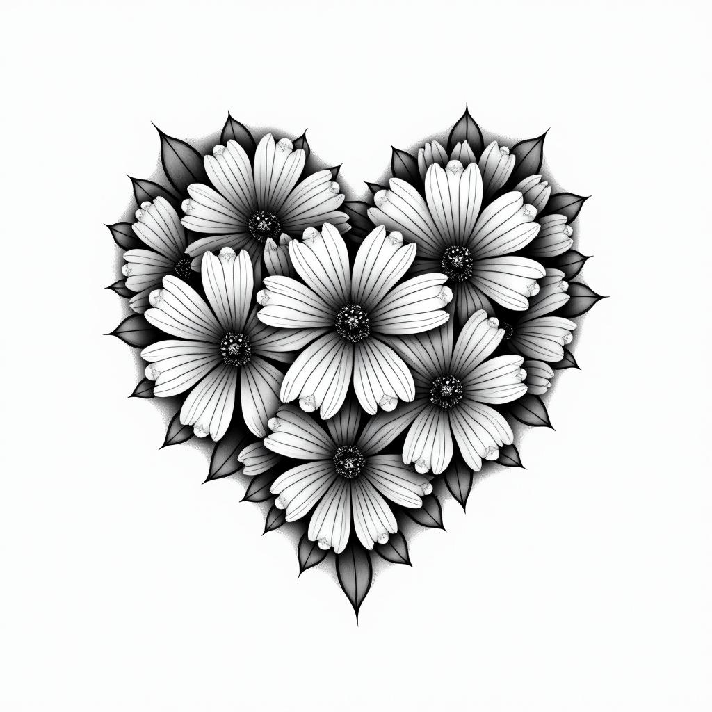 Flowers butterflies hearts in geometric style tattoo, blending hexagons, mandala-inspired patterns, symmetrical and fractal design, clean lines, sharp angles - Variation 5