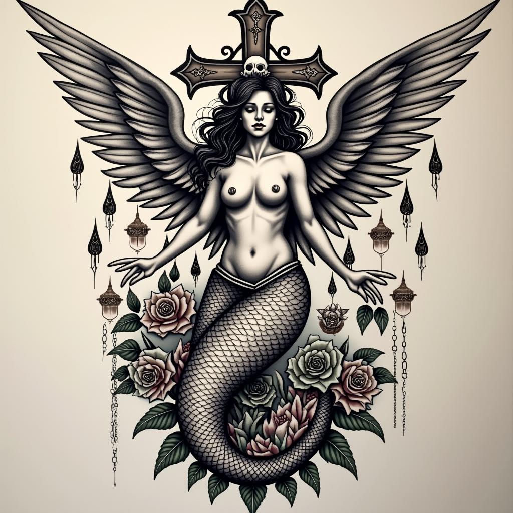 Mermaid Angelin chicano style tattoo, featuring intricate black and grey shading, bold elements of traditional chicano culture symbols, add a big cross with skull, chains and roses - Variation 3