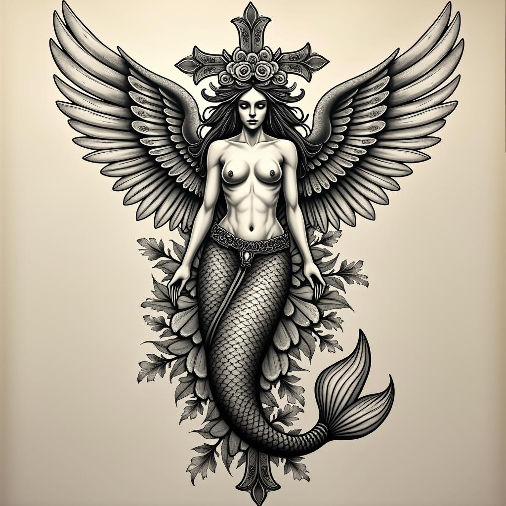 Mermaid Angelin chicano style tattoo, featuring intricate black and grey shading, bold elements of traditional chicano culture symbols, add a big cross with skull, chains and roses - Variation 4