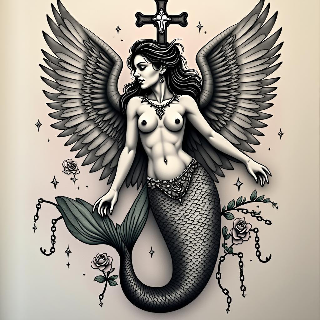Mermaid Angelin chicano style tattoo, featuring intricate black and grey shading, bold elements of traditional chicano culture symbols, add a big cross with skull, chains and roses - Variation 2