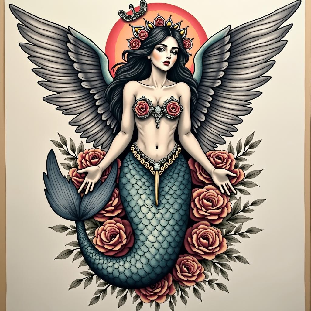 Mermaid Angelin chicano style tattoo, featuring intricate black and grey shading, bold elements of traditional chicano culture symbols, add a big cross with skull, chains and roses