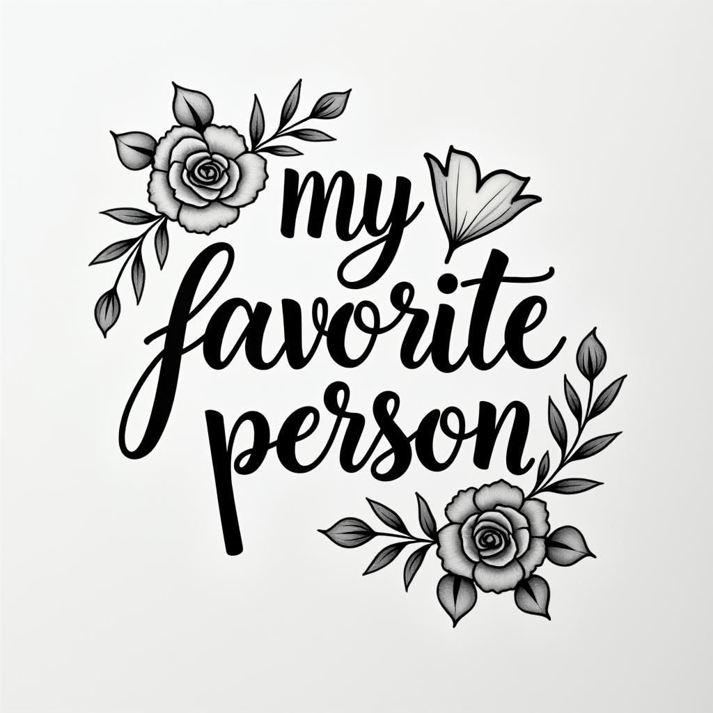 Words “my favorite personin elegant cursive calligraphy style 2d tattoo, decorate with roses, featuring a smooth and flowing handwritten script with slightly thickened strokes for a luxurious and bold appearance,  heart symbol between names,  sleek and glossy black text with shadowing, minimalist matte white background, clean and sharp edges, illuminated with soft lighting, romantic, 8k, high-quality textures with refined typography - Variation 16