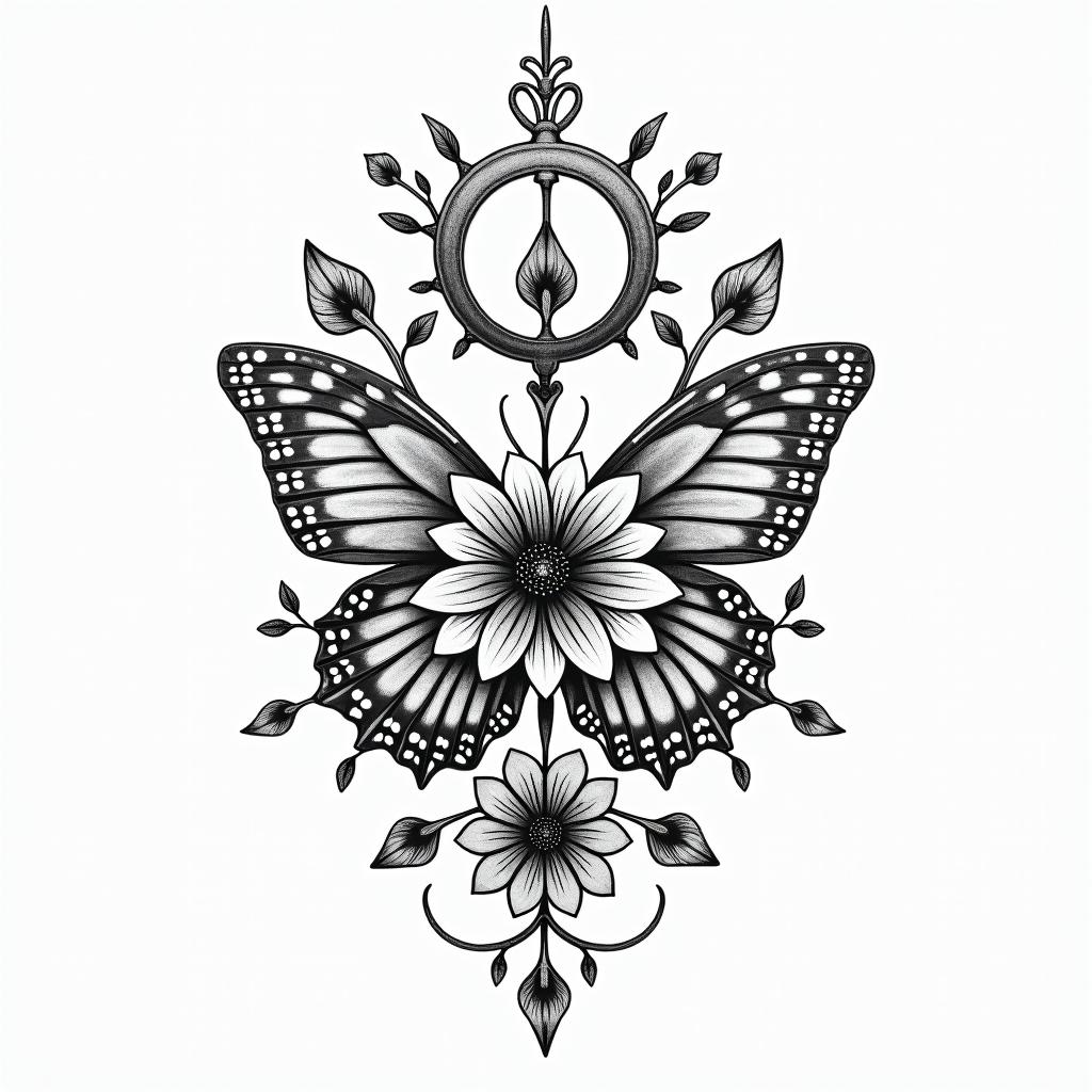 Flowers butterflies heartsin paganic style tattoo, featuring ancient symbols, add vegvisir symbol, mystical figures, incorporating designs, pentagrams, runes, crescent moons, - Variation 7