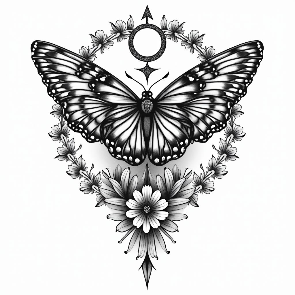 Flowers butterflies heartsin paganic style tattoo, featuring ancient symbols, add vegvisir symbol, mystical figures, incorporating designs, pentagrams, runes, crescent moons, - Variation 6