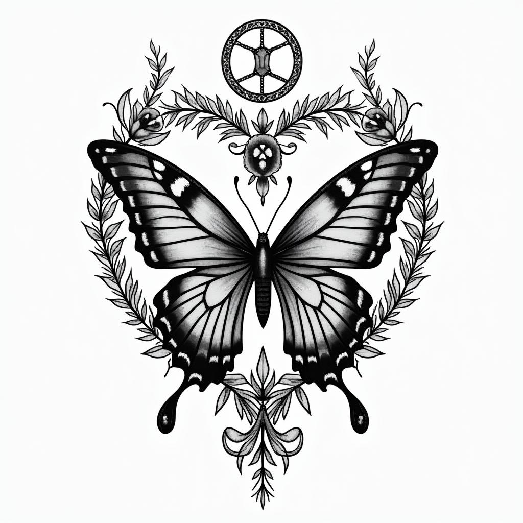 Flowers butterflies heartsin paganic style tattoo, featuring ancient symbols, add vegvisir symbol, mystical figures, incorporating designs, pentagrams, runes, crescent moons, - Variation 8