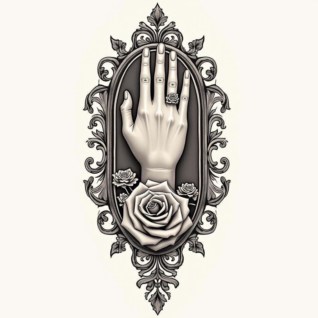 Victorian ornamental design to go over my wrist onto my fingersin victorian style tattoo, featuring vintage and elegant elements, ornate frames, roses, antique, sepia-toned color scheme - Variation 3