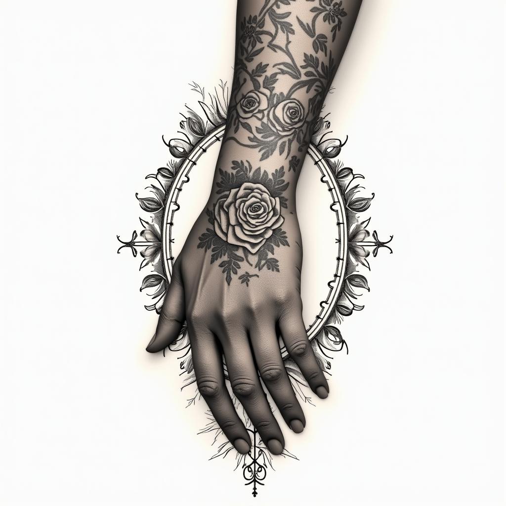 Victorian ornamental design to go over my wrist onto my fingersin victorian style tattoo, featuring vintage and elegant elements, ornate frames, roses, antique, sepia-toned color scheme - Variation 4