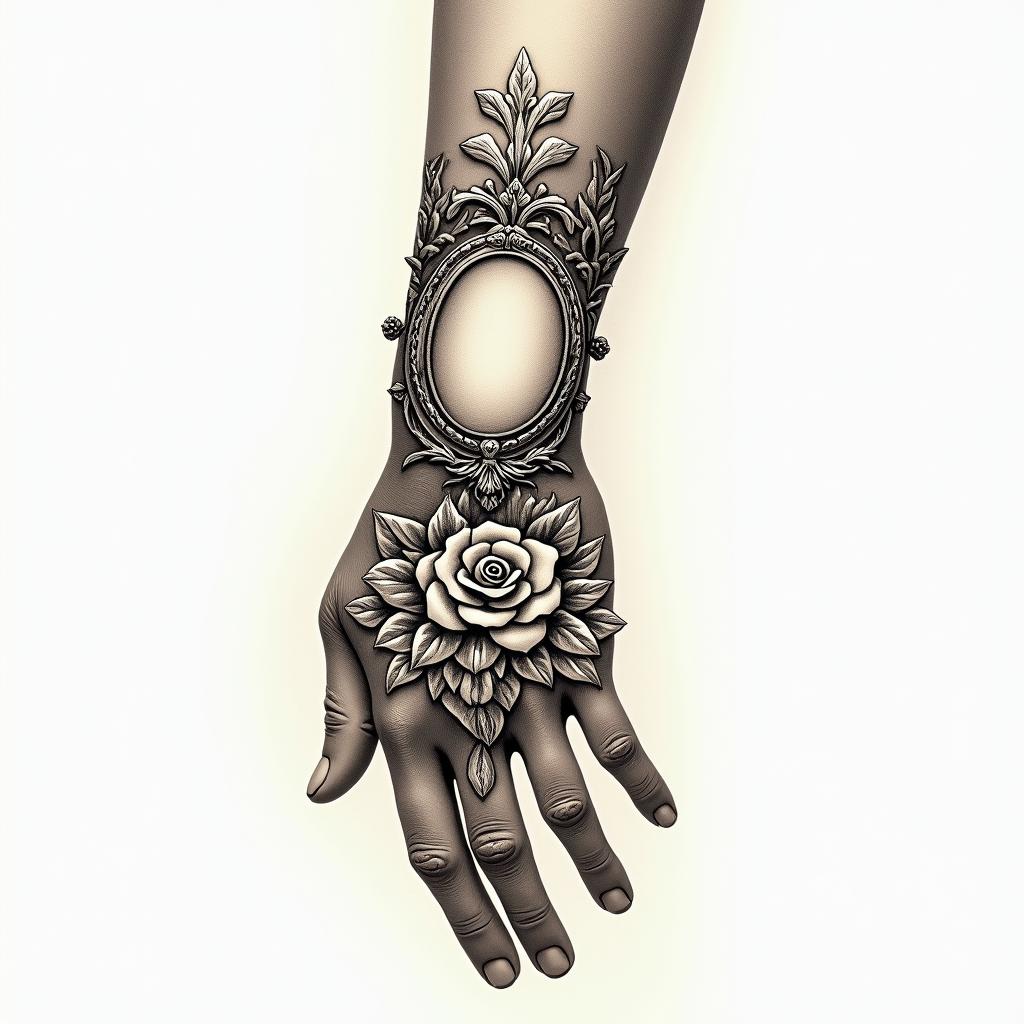 Victorian ornamental design to go over my wrist onto my fingersin victorian style tattoo, featuring vintage and elegant elements, ornate frames, roses, antique, sepia-toned color scheme
