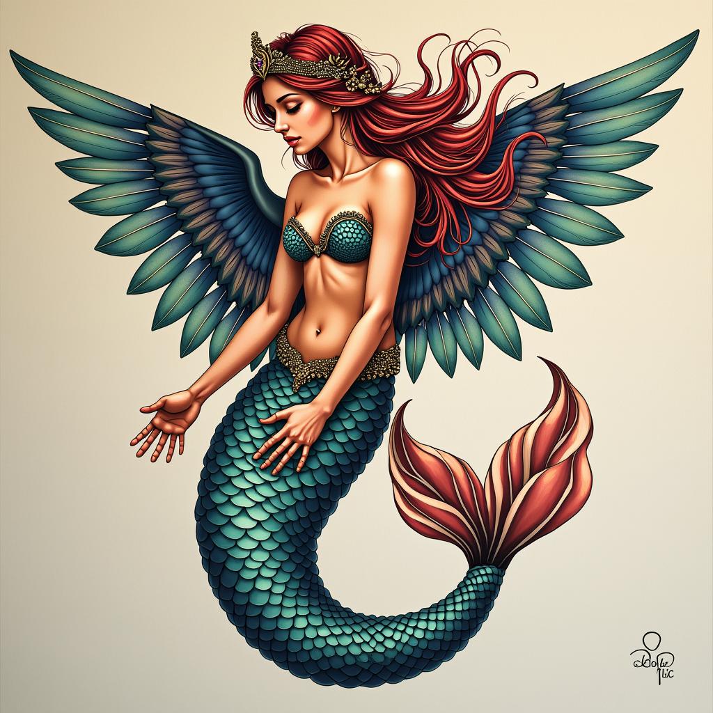 Mermaid Angelin bohemian style tattoo, 8k - Variation 2