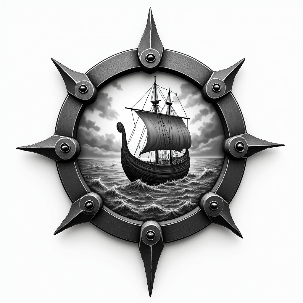 A Viking compass in black and grey shading, positioned above a stormy sea featuring a Viking longboat, symbolizing direction and adventure, capturing the essence of resilience and exploration in a dramatic and atmospheric style.higly detailed tattoo - Variation 2