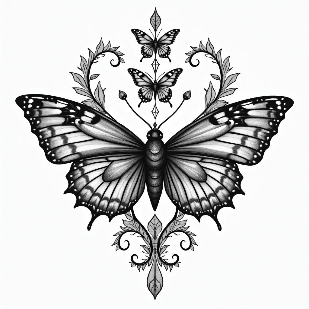 Flowers butterflies heartsin paganic style tattoo, featuring ancient symbols, add vegvisir symbol, mystical figures, incorporating designs, pentagrams, runes, crescent moons, - Variation 2