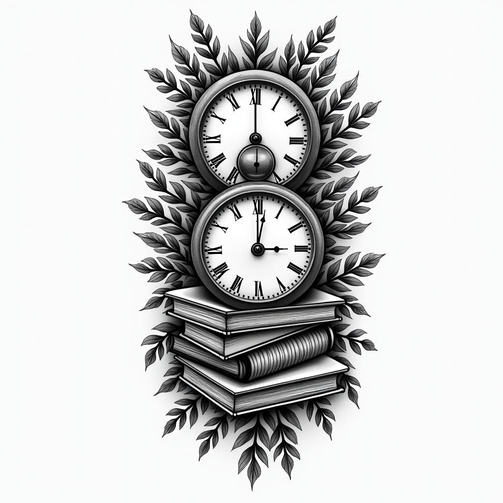 Floral background with books and clockshigly detailed tattoo - Variation 4