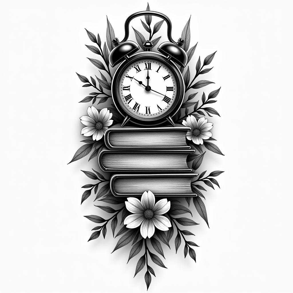 Floral background with books and clockshigly detailed tattoo
