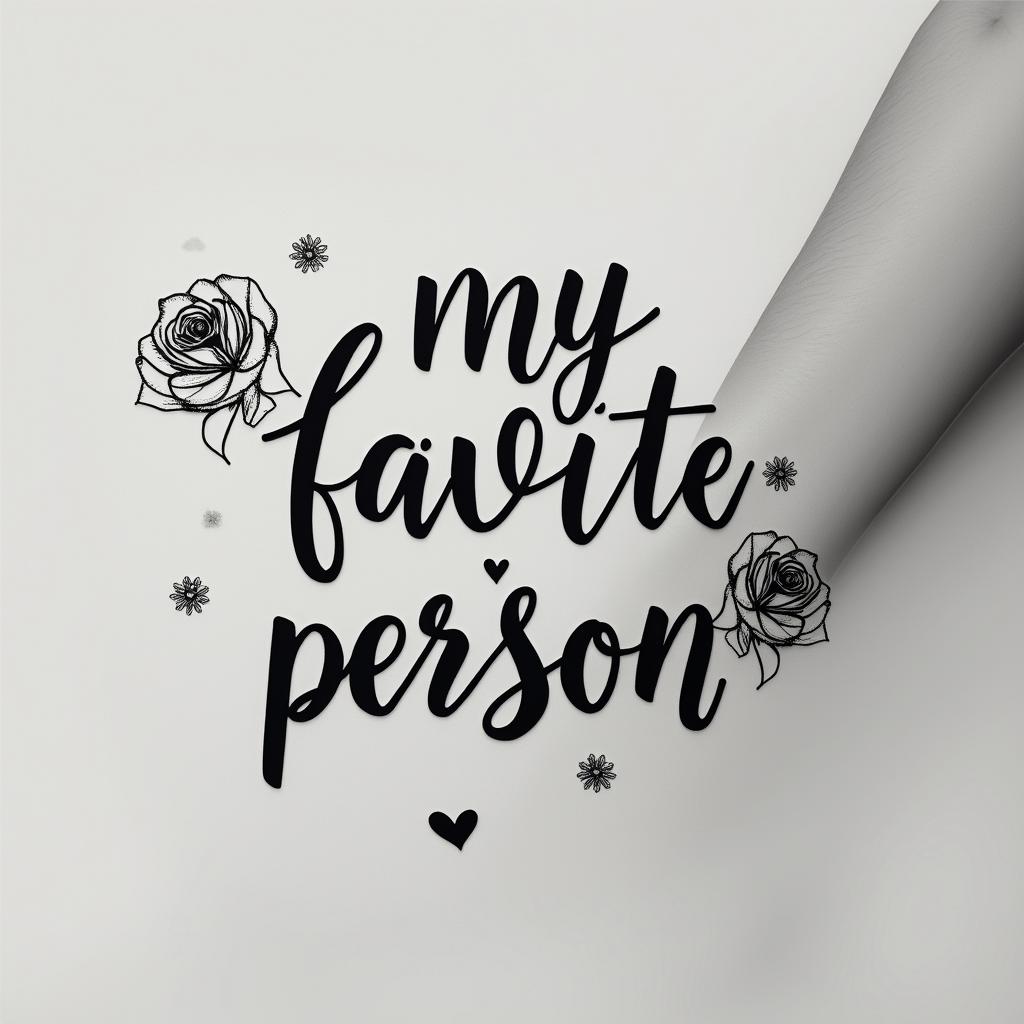 Words “my favorite personin elegant cursive calligraphy style 2d tattoo, decorate with roses, featuring a smooth and flowing handwritten script with slightly thickened strokes for a luxurious and bold appearance,  heart symbol between names,  sleek and glossy black text with shadowing, minimalist matte white background, clean and sharp edges, illuminated with soft lighting, romantic, 8k, high-quality textures with refined typography - Variation 13