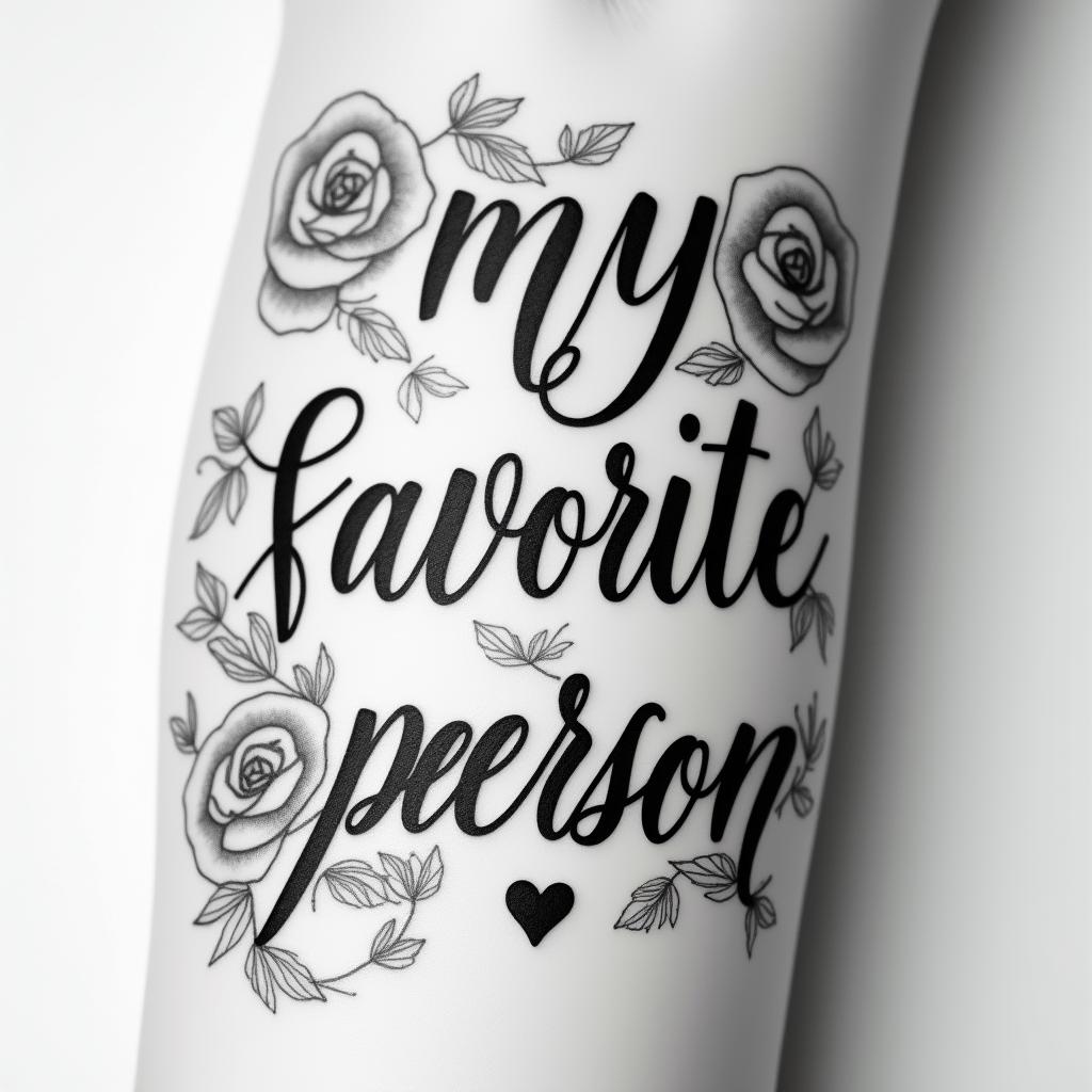 Words “my favorite personin elegant cursive calligraphy style 2d tattoo, decorate with roses, featuring a smooth and flowing handwritten script with slightly thickened strokes for a luxurious and bold appearance,  heart symbol between names,  sleek and glossy black text with shadowing, minimalist matte white background, clean and sharp edges, illuminated with soft lighting, romantic, 8k, high-quality textures with refined typography - Variation 15