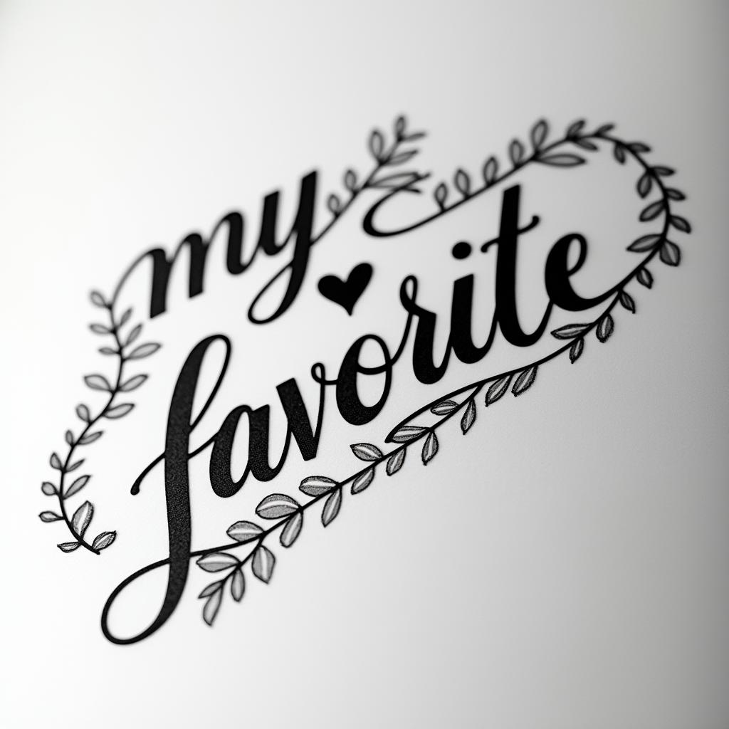 Words “my favorite personin elegant cursive calligraphy style 2d tattoo, decorate with roses, featuring a smooth and flowing handwritten script with slightly thickened strokes for a luxurious and bold appearance,  heart symbol between names,  sleek and glossy black text with shadowing, minimalist matte white background, clean and sharp edges, illuminated with soft lighting, romantic, 8k, high-quality textures with refined typography - Variation 12