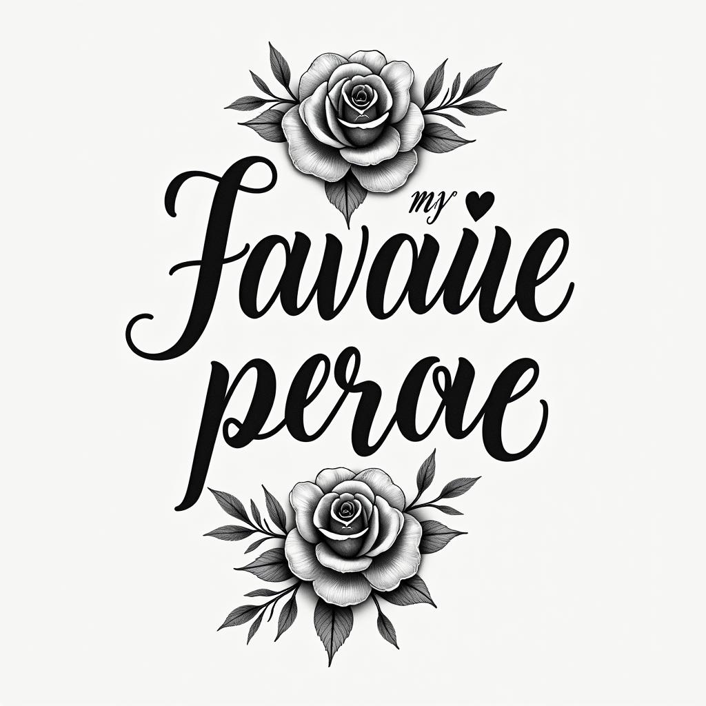 Words “my favorite personin elegant cursive calligraphy style 2d tattoo, decorate with roses, featuring a smooth and flowing handwritten script with slightly thickened strokes for a luxurious and bold appearance,  heart symbol between names,  sleek and glossy black text with shadowing, minimalist matte white background, clean and sharp edges, illuminated with soft lighting, romantic, 8k, high-quality textures with refined typography - Variation 14
