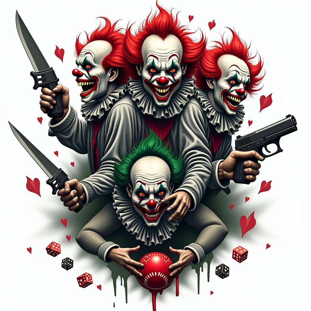 A chilling design featuring 2-3 scary killer clowns, wielding knives and guns, surrounded by playing cards and dice, all in a dark and twisted style, emphasizing vibrant colors like red and green for contrast, evoking feelings of fear and thrill.higly detailed tattoo - Variation 3