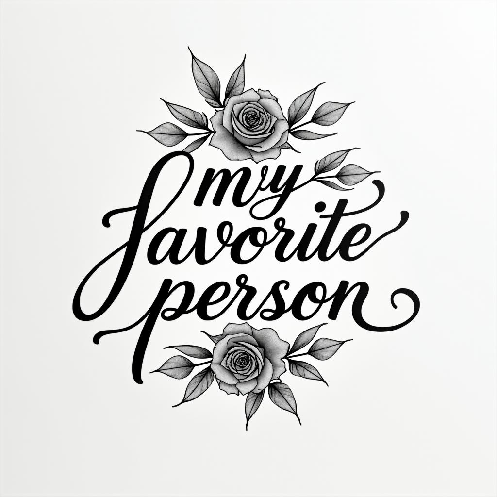 Words “my favorite personin elegant cursive calligraphy style 2d tattoo, decorate with roses, featuring a smooth and flowing handwritten script with slightly thickened strokes for a luxurious and bold appearance,  heart symbol between names,  sleek and glossy black text with shadowing, minimalist matte white background, clean and sharp edges, illuminated with soft lighting, romantic, 8k, high-quality textures with refined typography - Variation 9