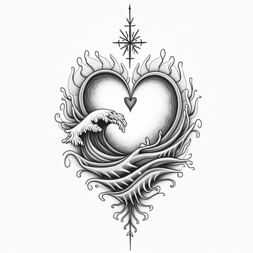 Joana, Carneiro, 21-03-1989in Modest style tattoo, featuring soft, delicate line work with simple and meaningful symbols, gentle waves, a heart, evoking a sense of serenity and grace, - Variation 3