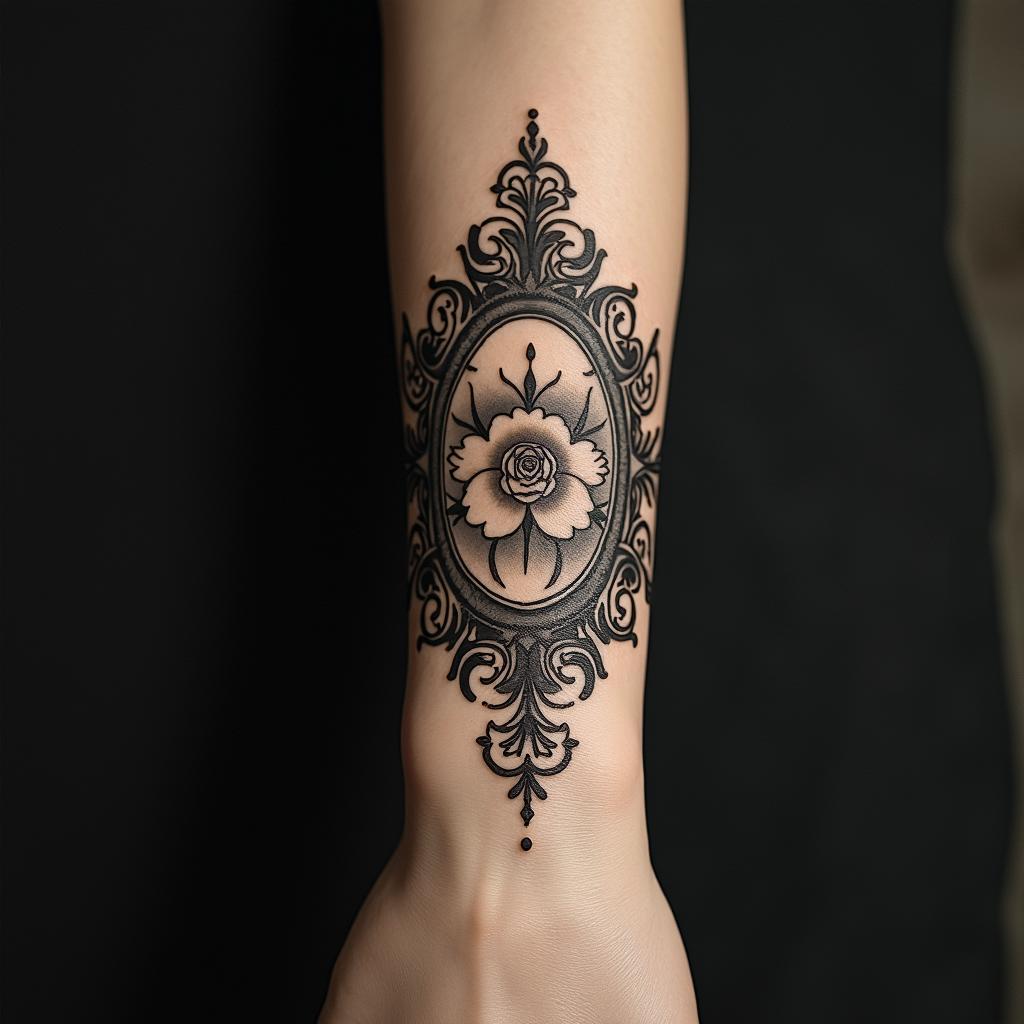 Ornamental designin victorian style tattoo, featuring vintage and elegant elements, ornate frames, roses, antique, sepia-toned color scheme - Variation 2