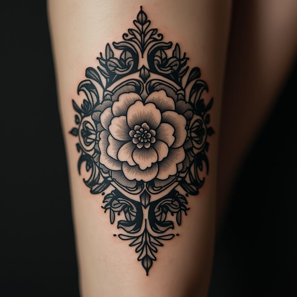 Ornamental designin victorian style tattoo, featuring vintage and elegant elements, ornate frames, roses, antique, sepia-toned color scheme - Variation 3