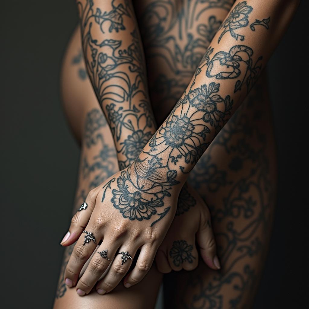 Ornamental designin victorian style tattoo, featuring vintage and elegant elements, ornate frames, roses, antique, sepia-toned color scheme - Variation 4