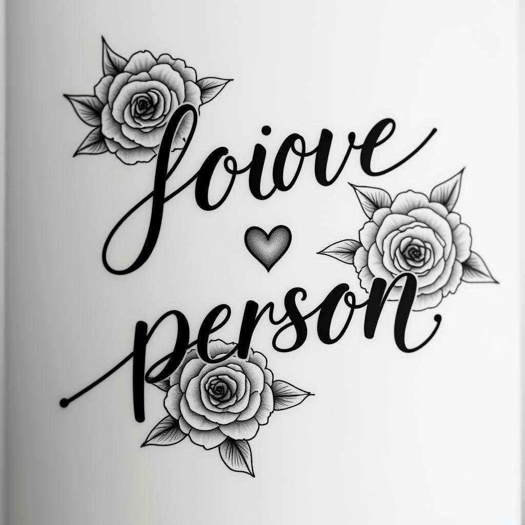 Words “my favorite personin elegant cursive calligraphy style 2d tattoo, decorate with roses, featuring a smooth and flowing handwritten script with slightly thickened strokes for a luxurious and bold appearance,  heart symbol between names,  sleek and glossy black text with shadowing, minimalist matte white background, clean and sharp edges, illuminated with soft lighting, romantic, 8k, high-quality textures with refined typography - Variation 6