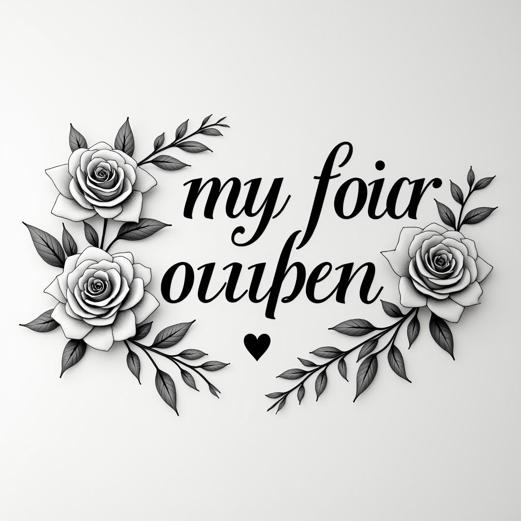Words “my favorite personin elegant cursive calligraphy style 2d tattoo, decorate with roses, featuring a smooth and flowing handwritten script with slightly thickened strokes for a luxurious and bold appearance,  heart symbol between names,  sleek and glossy black text with shadowing, minimalist matte white background, clean and sharp edges, illuminated with soft lighting, romantic, 8k, high-quality textures with refined typography - Variation 5