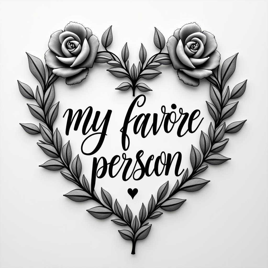 Words “my favorite personin elegant cursive calligraphy style 2d tattoo, decorate with roses, featuring a smooth and flowing handwritten script with slightly thickened strokes for a luxurious and bold appearance,  heart symbol between names,  sleek and glossy black text with shadowing, minimalist matte white background, clean and sharp edges, illuminated with soft lighting, romantic, 8k, high-quality textures with refined typography - Variation 20