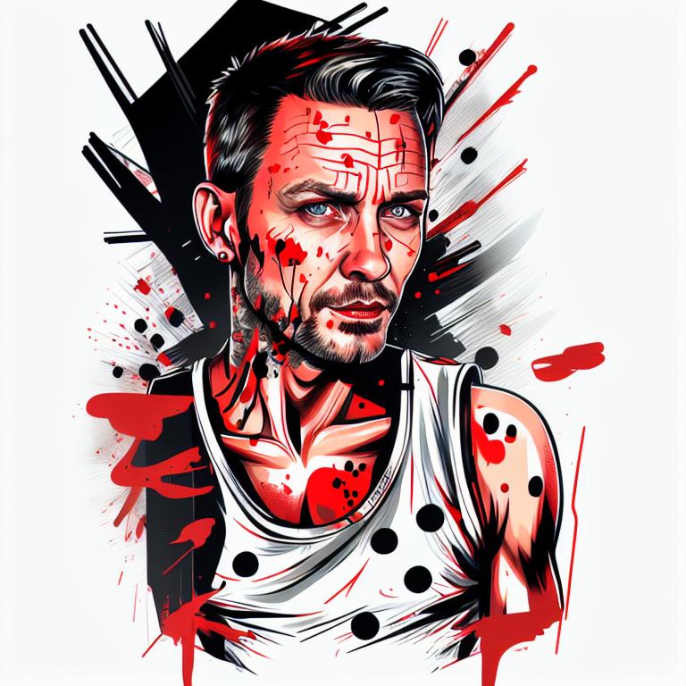 trash polka tattoo style, showcasing bold black and red ink with dynamic brush strokes and splatters. Incorporates abstract elements and expressive, chaotic lines on a solid white background. Detailed design with a high-contrast soft colored near white toned look, blending realism and abstraction to create an intense visual impactundefined - Variation 19