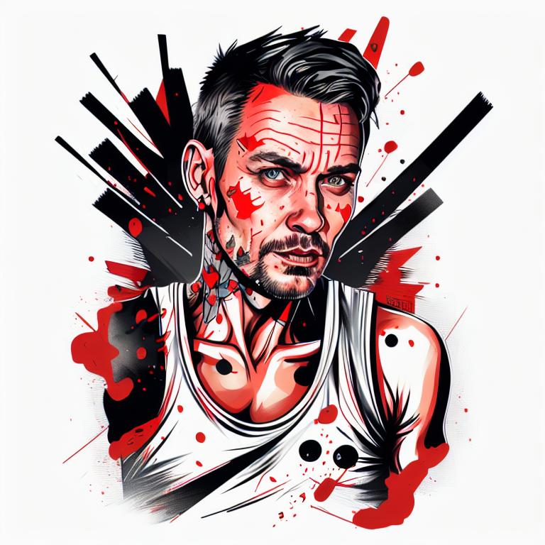 trash polka tattoo style, showcasing bold black and red ink with dynamic brush strokes and splatters. Incorporates abstract elements and expressive, chaotic lines on a solid white background. Detailed design with a high-contrast soft colored near white toned look, blending realism and abstraction to create an intense visual impactundefined - Variation 20