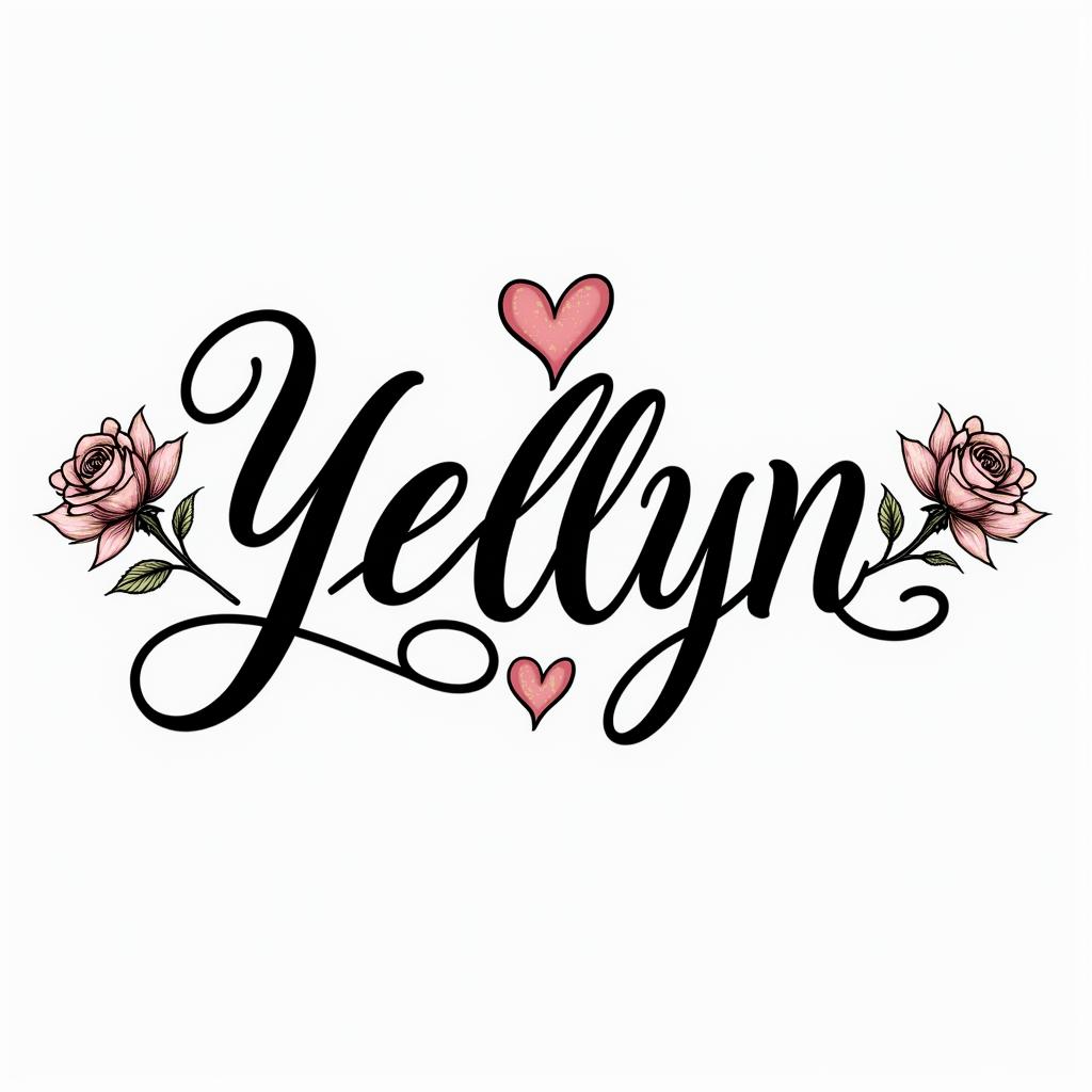 Yeslynin elegant cursive calligraphy style 2d tattoo, decorate with roses, featuring a smooth and flowing handwritten script with slightly thickened strokes for a luxurious and bold appearance,  heart symbol between names,  sleek and glossy black text with shadowing, minimalist matte white background, clean and sharp edges, illuminated with soft lighting, romantic, 8k, high-quality textures with refined typography - Variation 2