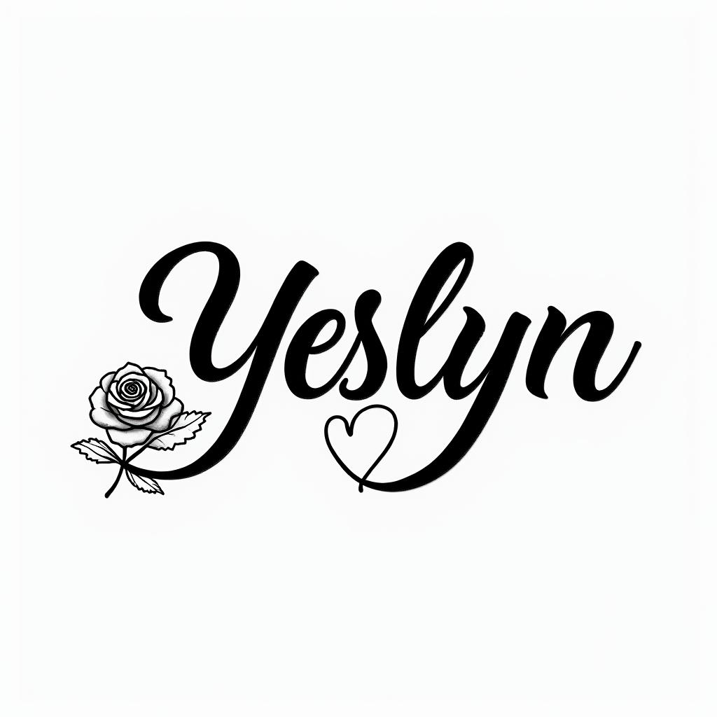 Yeslynin elegant cursive calligraphy style 2d tattoo, decorate with roses, featuring a smooth and flowing handwritten script with slightly thickened strokes for a luxurious and bold appearance,  heart symbol between names,  sleek and glossy black text with shadowing, minimalist matte white background, clean and sharp edges, illuminated with soft lighting, romantic, 8k, high-quality textures with refined typography