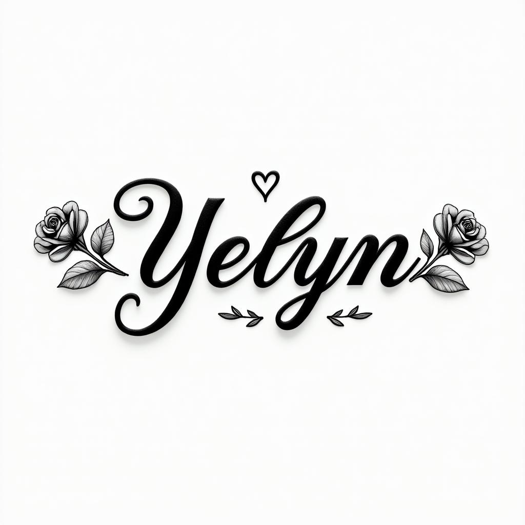 Yeslynin elegant cursive calligraphy style 2d tattoo, decorate with roses, featuring a smooth and flowing handwritten script with slightly thickened strokes for a luxurious and bold appearance,  heart symbol between names,  sleek and glossy black text with shadowing, minimalist matte white background, clean and sharp edges, illuminated with soft lighting, romantic, 8k, high-quality textures with refined typography - Variation 3