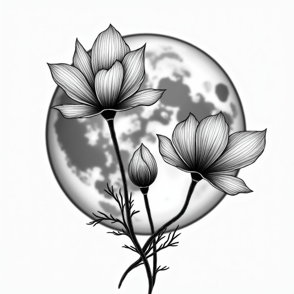 Poppy moon phaseshigly detailed tattoo - Variation 3