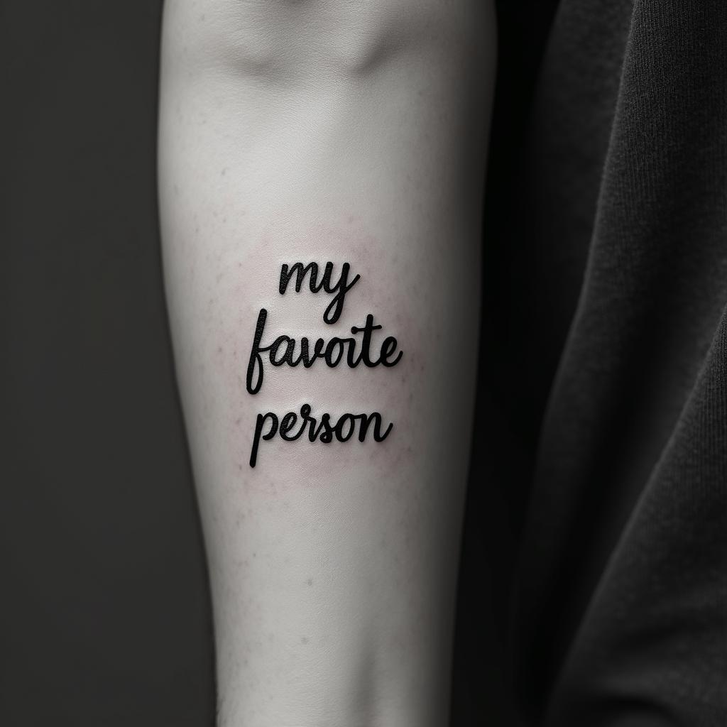 Words “my favorite personminimalist text-based tattoo, Monospace font ultra-realistic, perfectly placed, high-quality font design, photo-realistic shading, 8k, high quality, finely detailed typograph - Variation 3