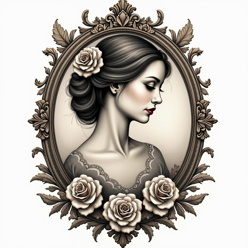 I want to remember the trials Ive overcome, sex abuse, emotional abuse, divorce, abandonment. I want to honor God for bringing me through this and blessing my with my children and grand daughter.in victorian style tattoo, featuring vintage and elegant elements, ornate frames, roses, antique, sepia-toned color scheme - Variation 3