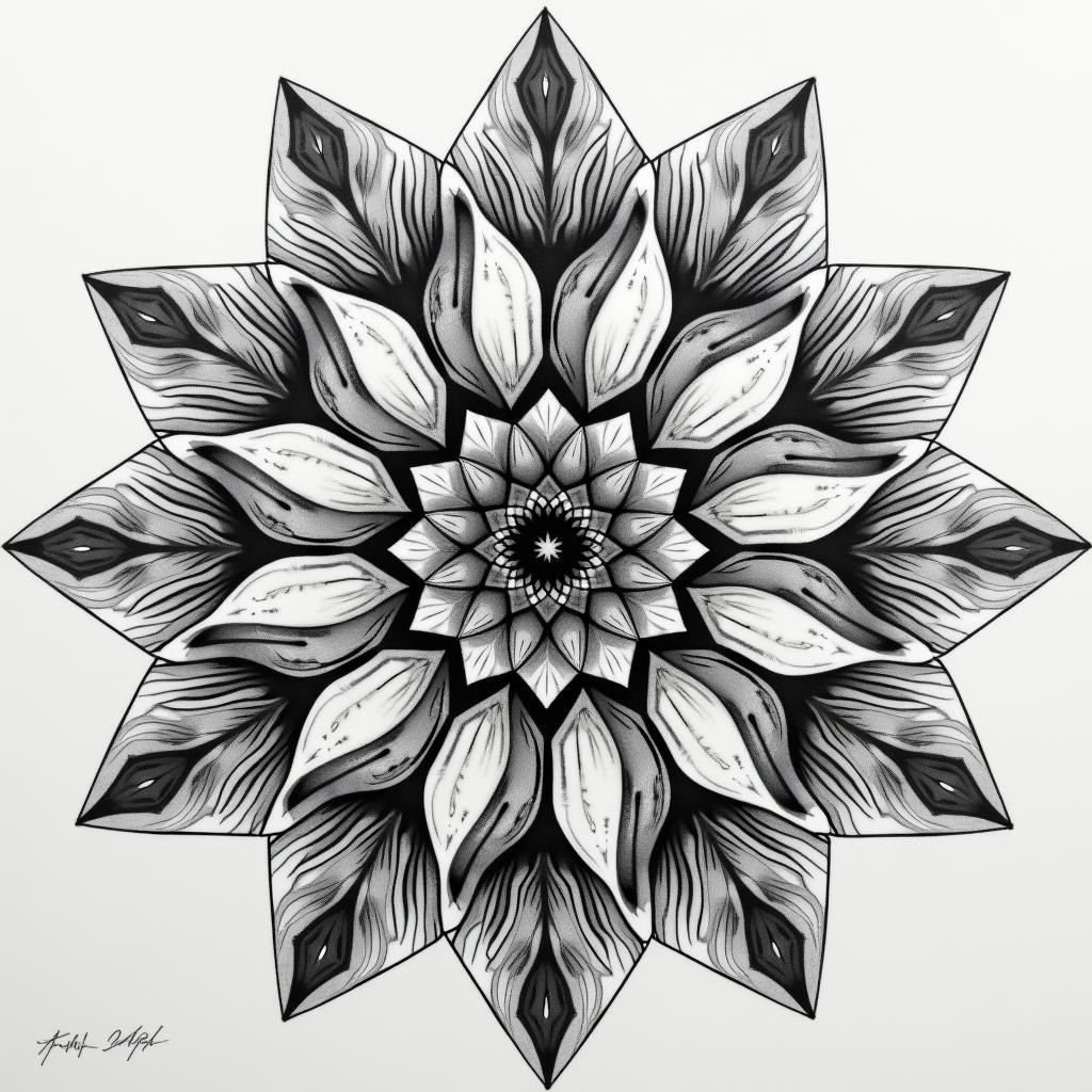 Cool pattern for chest in geometric style tattoo, blending hexagons, mandala-inspired patterns, symmetrical and fractal design, clean lines, sharp angles - Variation 3