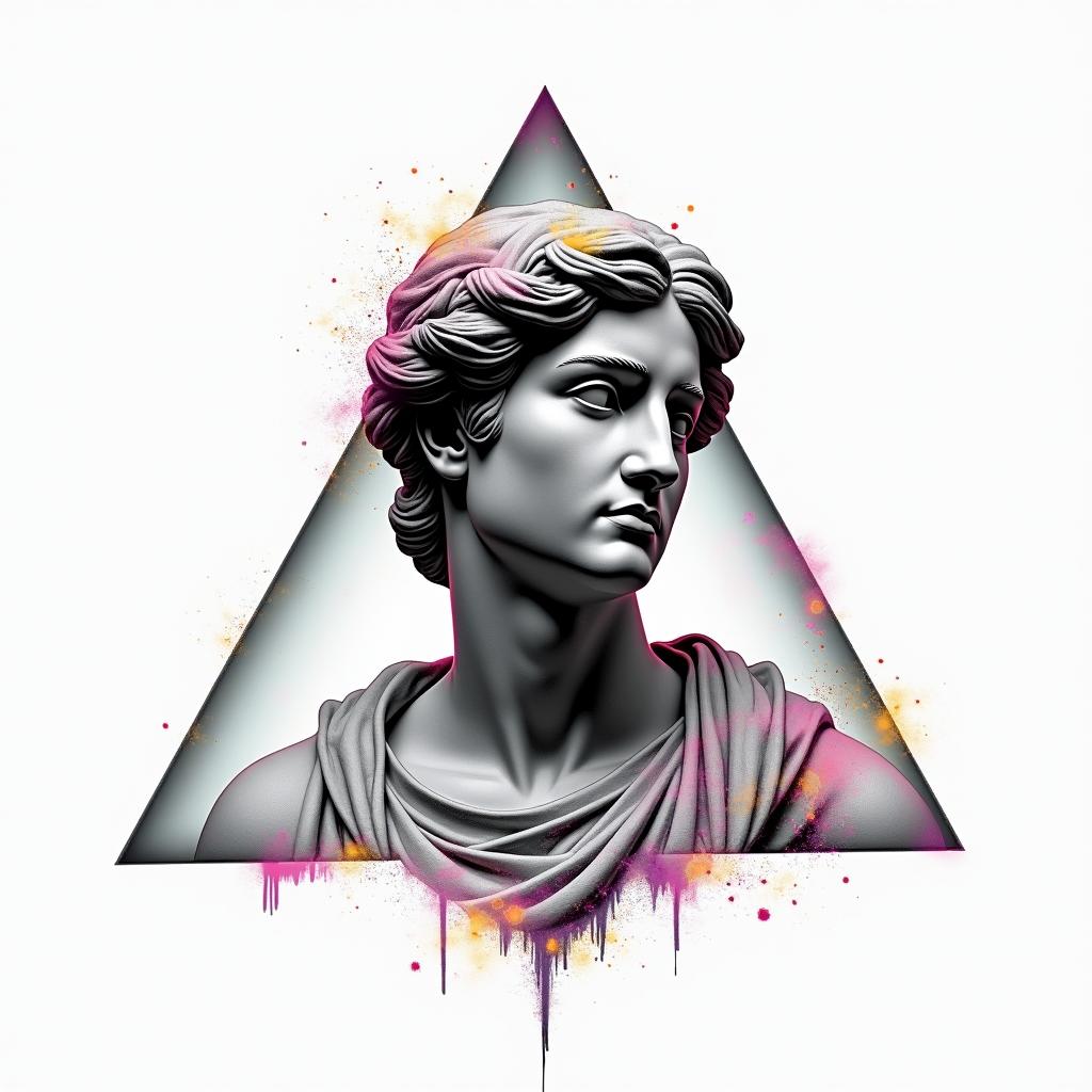 Simple triangle with a line throughin distorted and fragmented tattoo design, featuring a classical statue bust, in a glitch art style with vibrant, overlapping colors of cyan, magenta, and yellow, creating a digital distortion effect - Variation 11