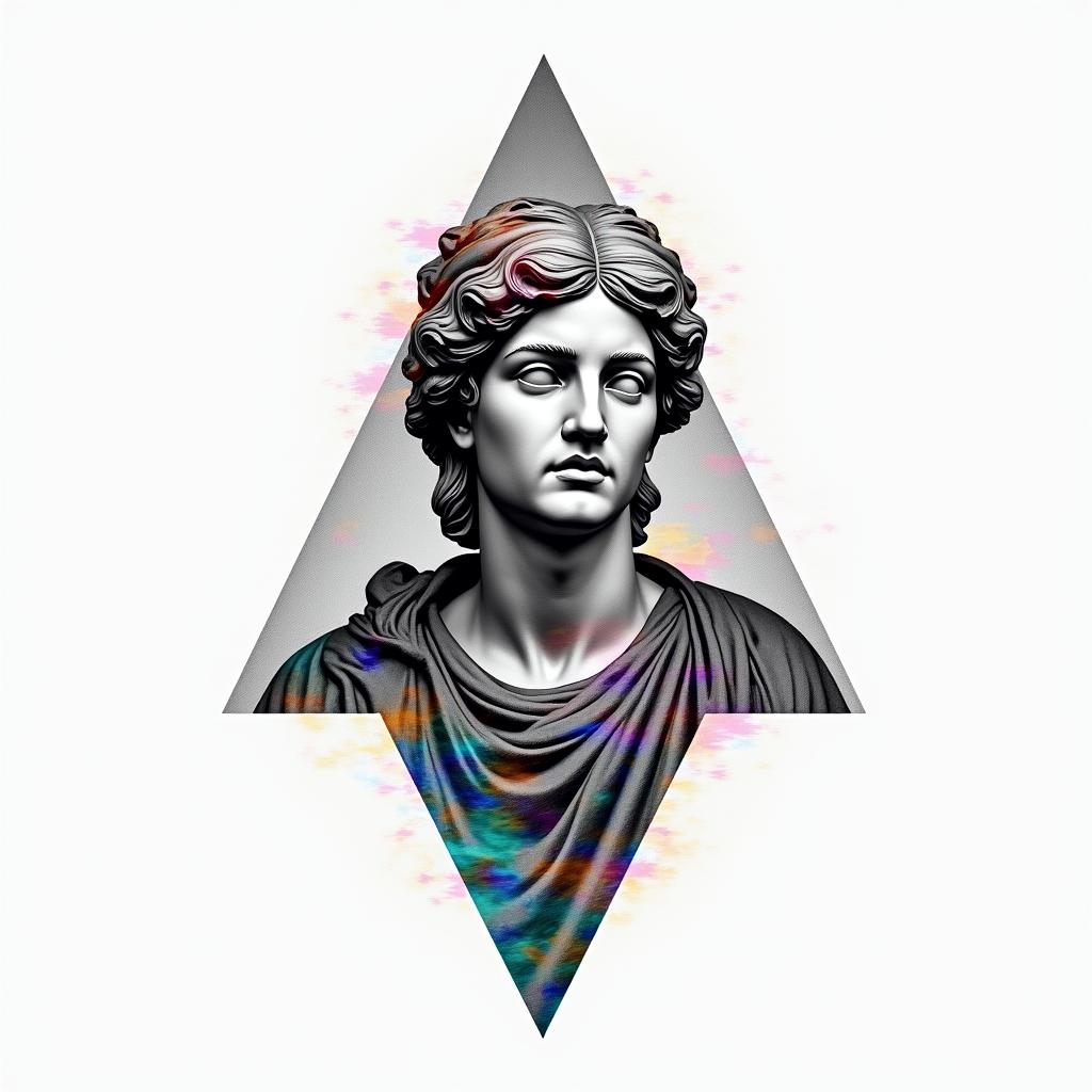 Simple triangle with a line throughin distorted and fragmented tattoo design, featuring a classical statue bust, in a glitch art style with vibrant, overlapping colors of cyan, magenta, and yellow, creating a digital distortion effect - Variation 9