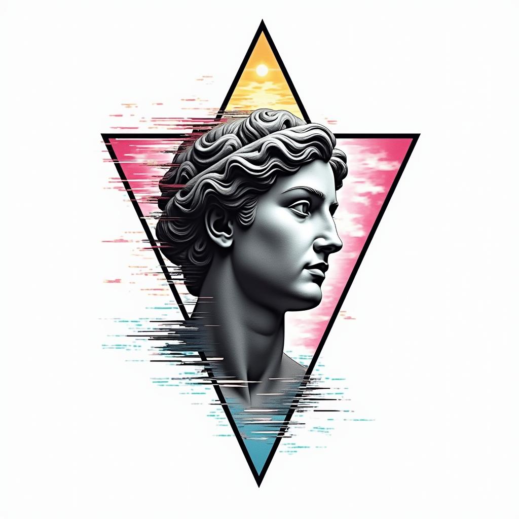 Simple triangle with a line throughin distorted and fragmented tattoo design, featuring a classical statue bust, in a glitch art style with vibrant, overlapping colors of cyan, magenta, and yellow, creating a digital distortion effect - Variation 10