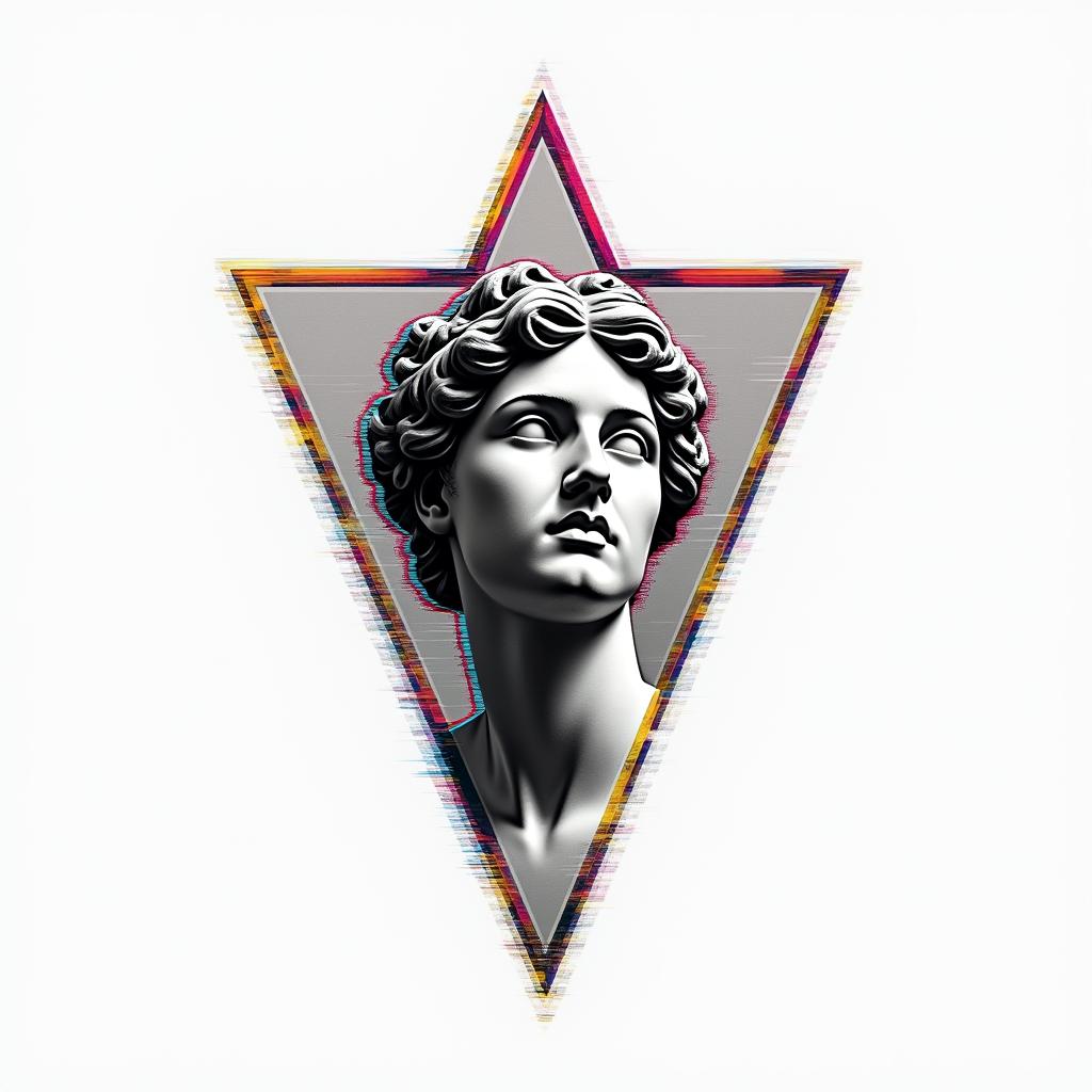 Simple triangle with a line throughin distorted and fragmented tattoo design, featuring a classical statue bust, in a glitch art style with vibrant, overlapping colors of cyan, magenta, and yellow, creating a digital distortion effect - Variation 8