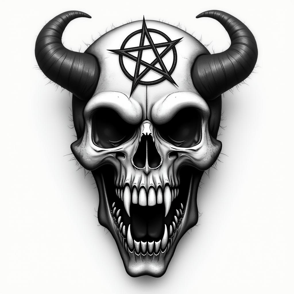 Cheatedcreepy horror tattoo style, featuring an eerie and unsettling skull of a demonic creature, distorted face with sharp fangs, add pentagram symbol - Variation 4