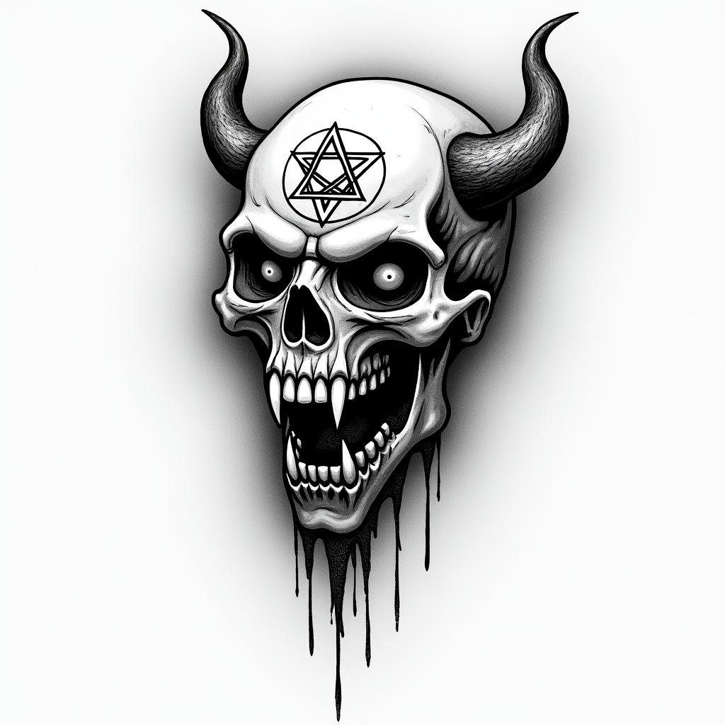 Cheatedcreepy horror tattoo style, featuring an eerie and unsettling skull of a demonic creature, distorted face with sharp fangs, add pentagram symbol - Variation 2