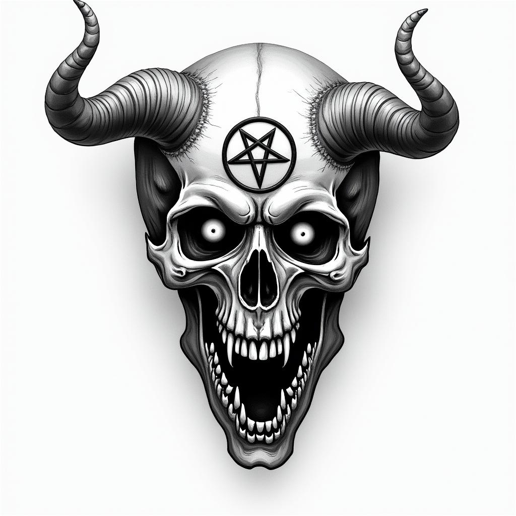 Cheatedcreepy horror tattoo style, featuring an eerie and unsettling skull of a demonic creature, distorted face with sharp fangs, add pentagram symbol - Variation 3