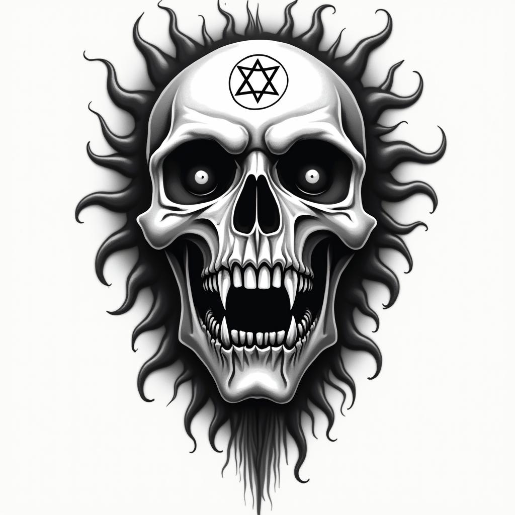 Cheatedcreepy horror tattoo style, featuring an eerie and unsettling skull of a demonic creature, distorted face with sharp fangs, add pentagram symbol