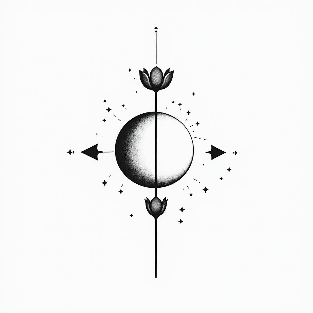 Poppy moon phasesin minimalist style tattoo, featuring simple shapes and fine lines, with minimal shading and details, tiny triangles, creating a sense of balance and harmony