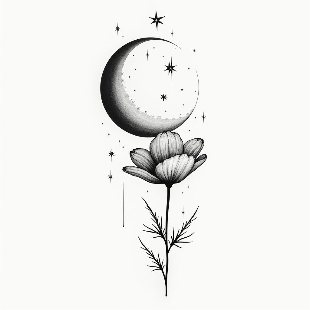 Poppy moon phasesin minimalist style tattoo, featuring simple shapes and fine lines, with minimal shading and details, tiny triangles, creating a sense of balance and harmony - Variation 3